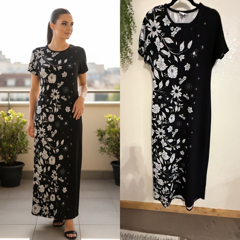 Black White Floral Maxi Dress Minimalist Short Sleeve Stretch small